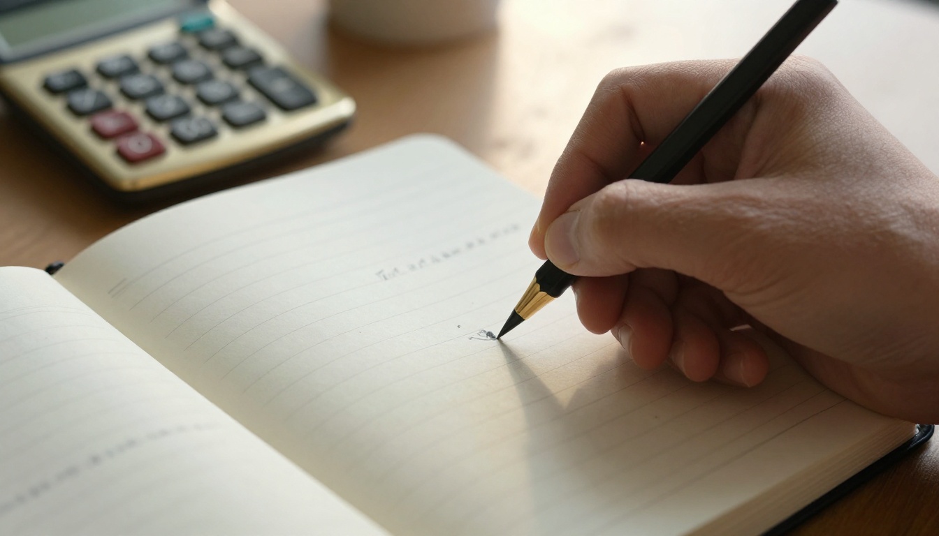 Hand writing columns of figures in a notebook beside a brass calculator