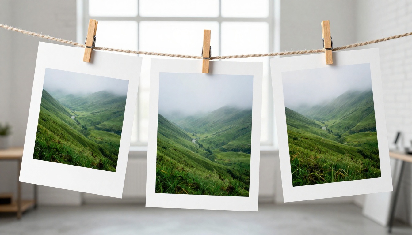 Three printed landscapes in square, wide and tall formats pinned to a linen cord