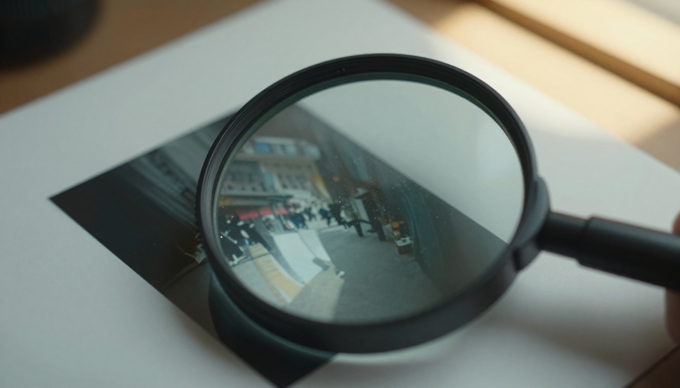 Photographer's loupe over a contact print on a white light table