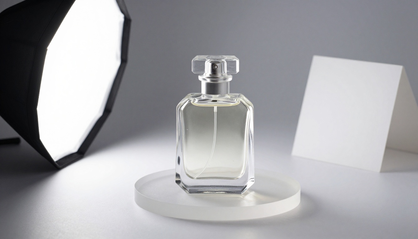 Clear faceted glass bottle on frosted acrylic in a white studio