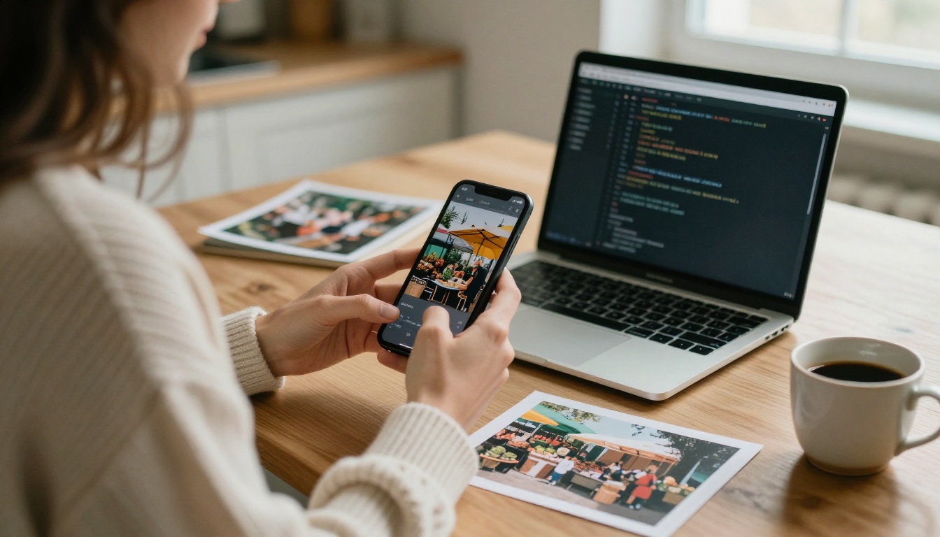 Woman holding a phone over a printed market photo beside a laptop