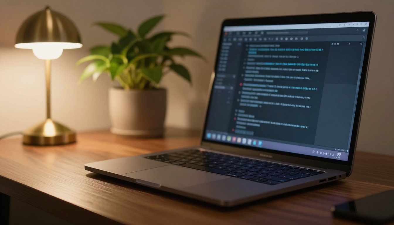 Developer laptop on a walnut desk with a terminal open at dusk