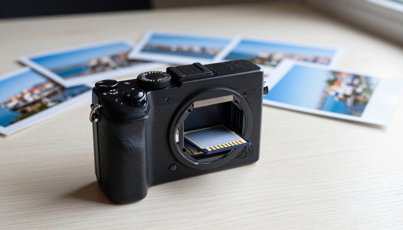 Camera memory card slot with prints of a harbor town behind it