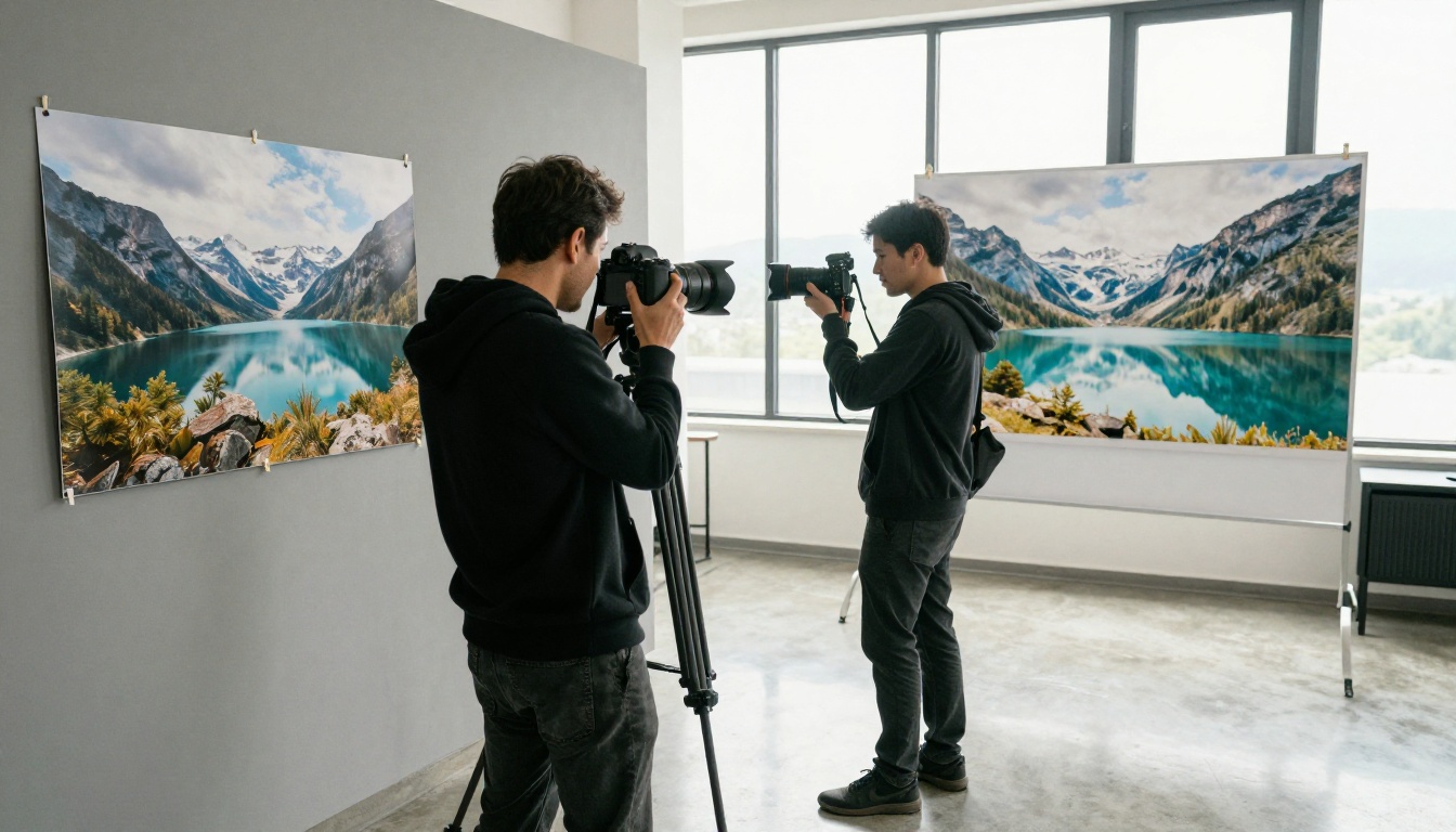Photographer beside a large mountain lake print holding a hard drive