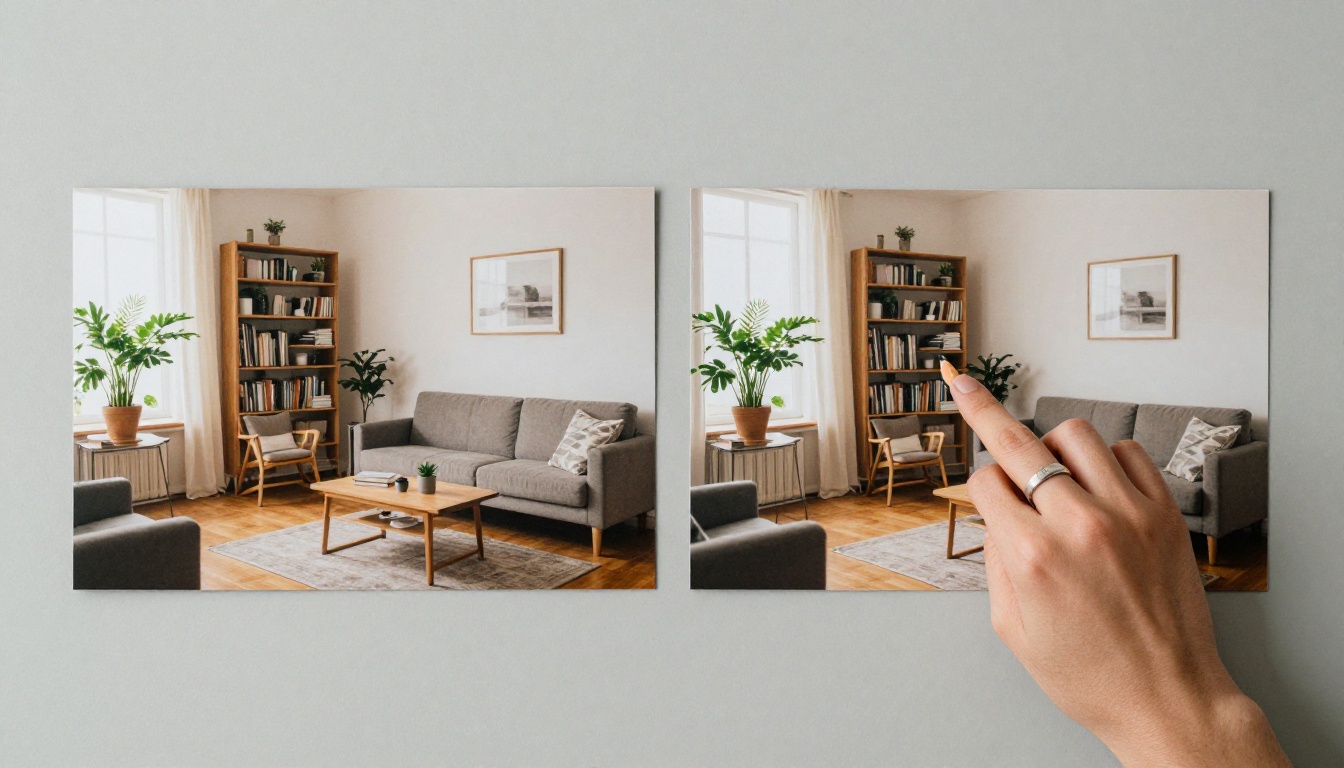 Two nearly identical living room prints with one difference pointed out