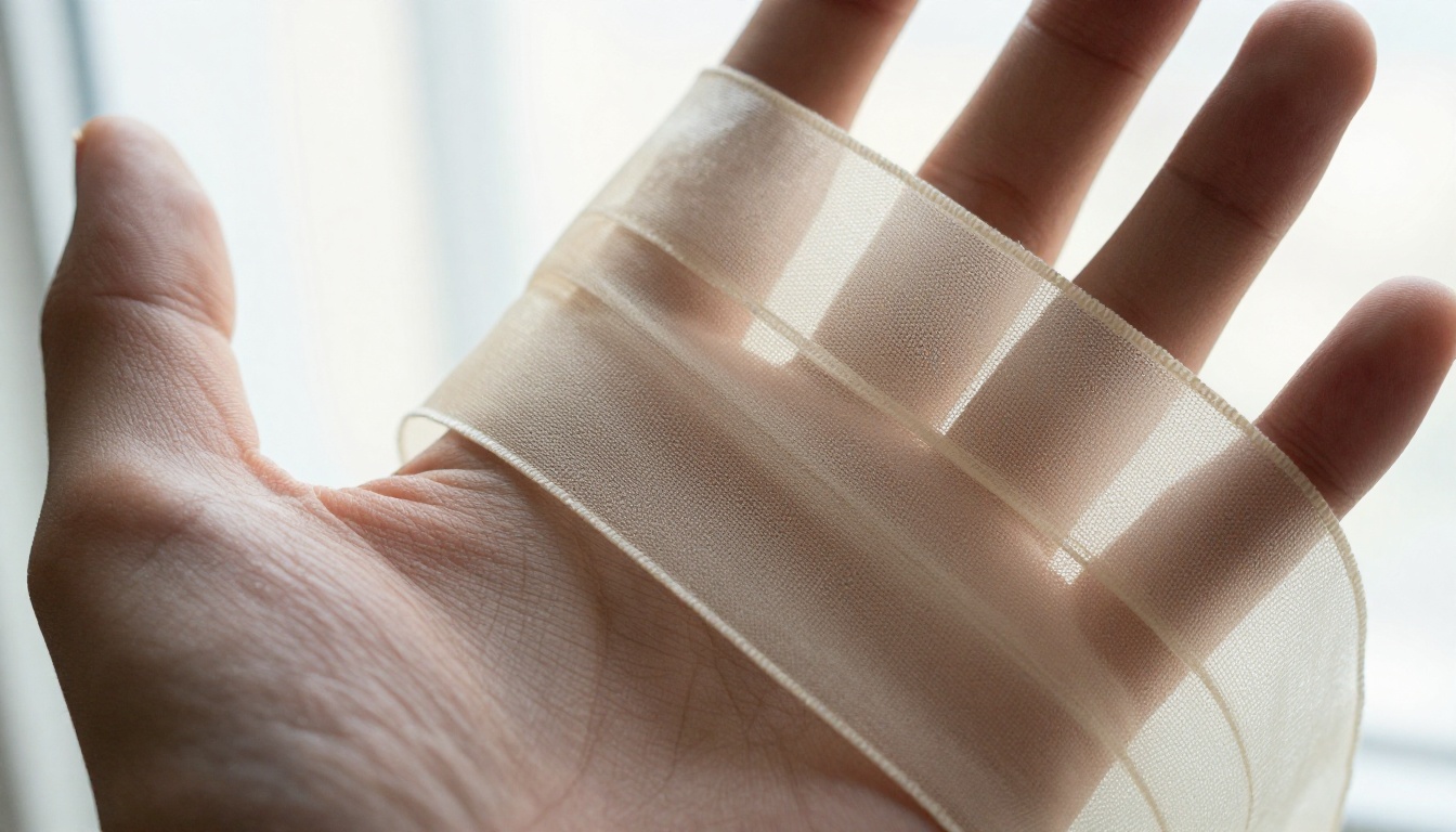 Sheer cream ribbon backlit over an open palm