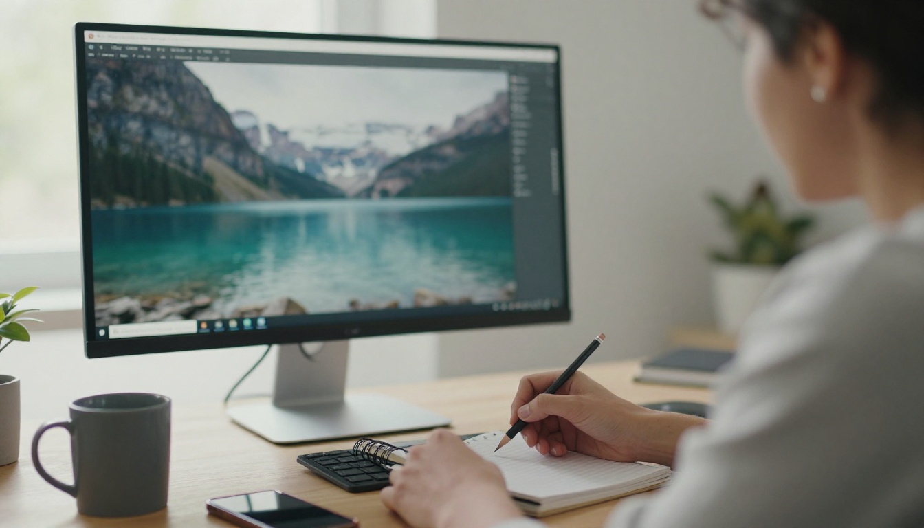 Web editor writing alt text in a notebook next to a monitor