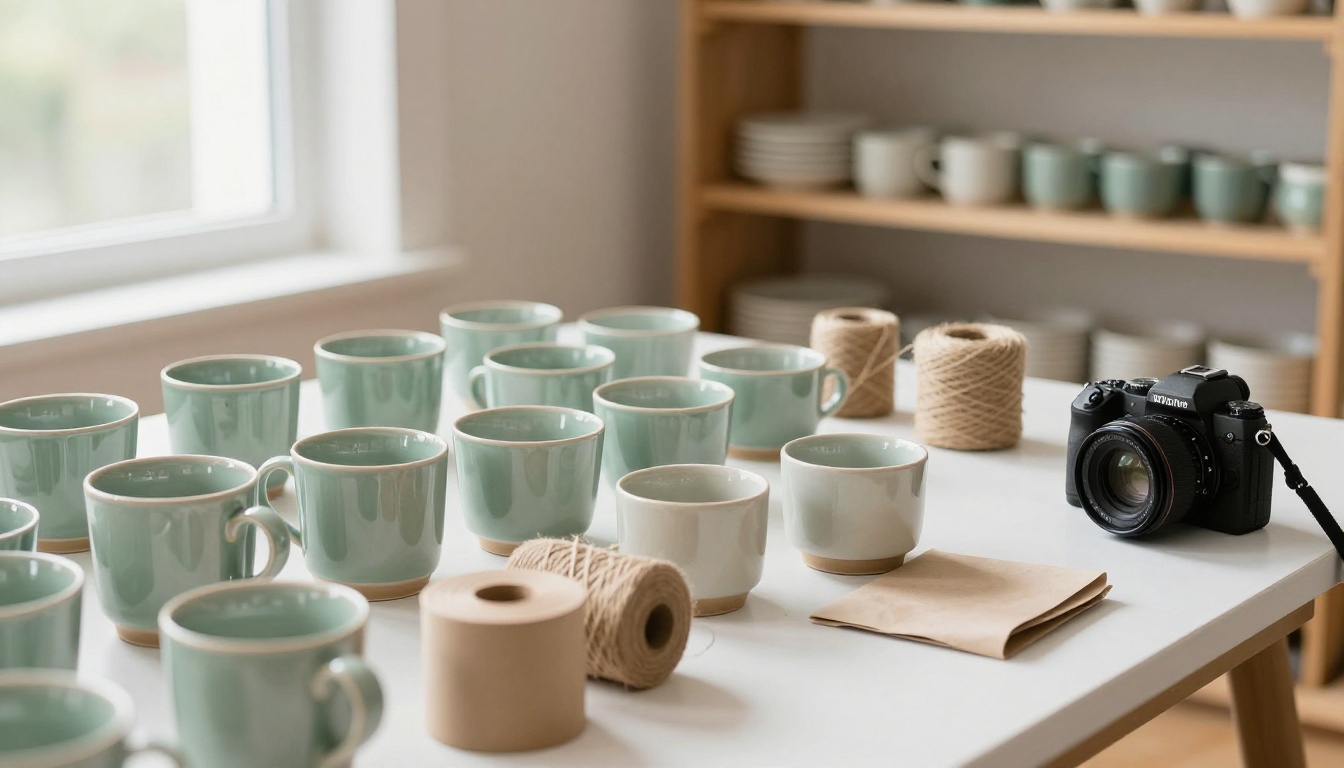 Ceramic mugs on a small shop's packing table beside a camera on a tripod