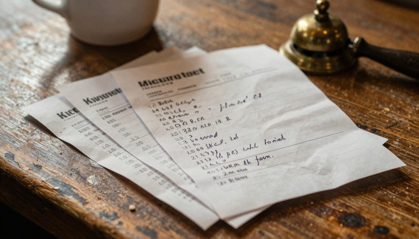 Crumpled receipts and a handwritten list on a cafe counter