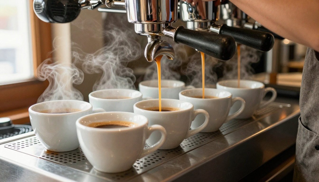 Five espresso cups filling in a row on a steel cafe counter