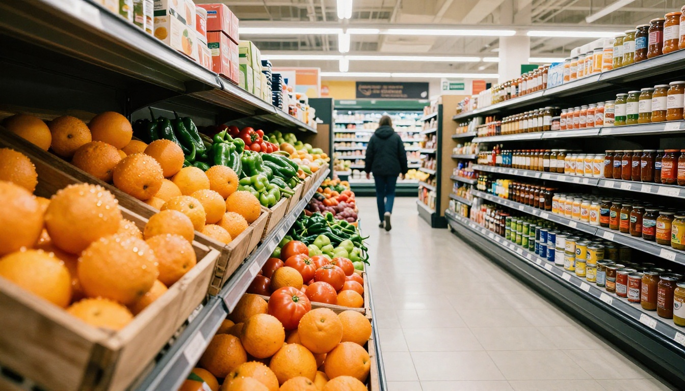 Grocery aisle with crates of oranges, tomatoes, and peppers