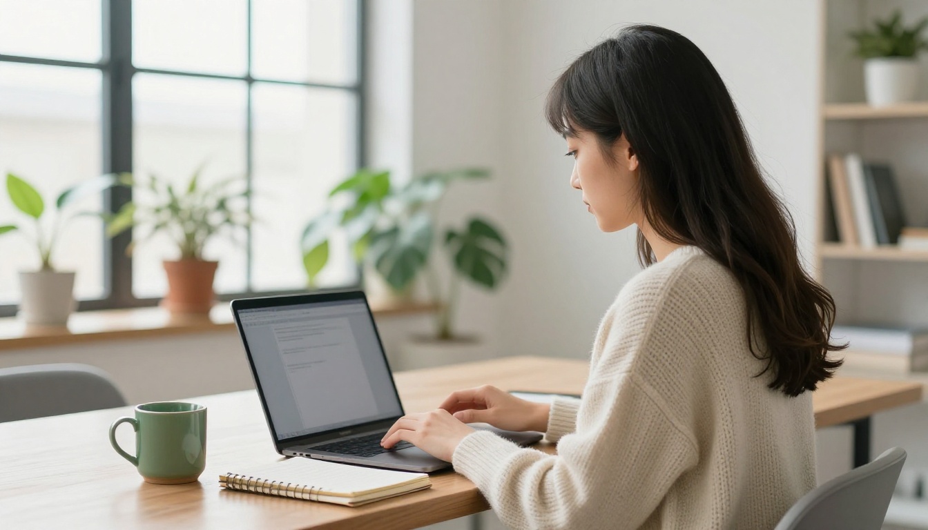Designer working at a laptop in a bright co-working loft