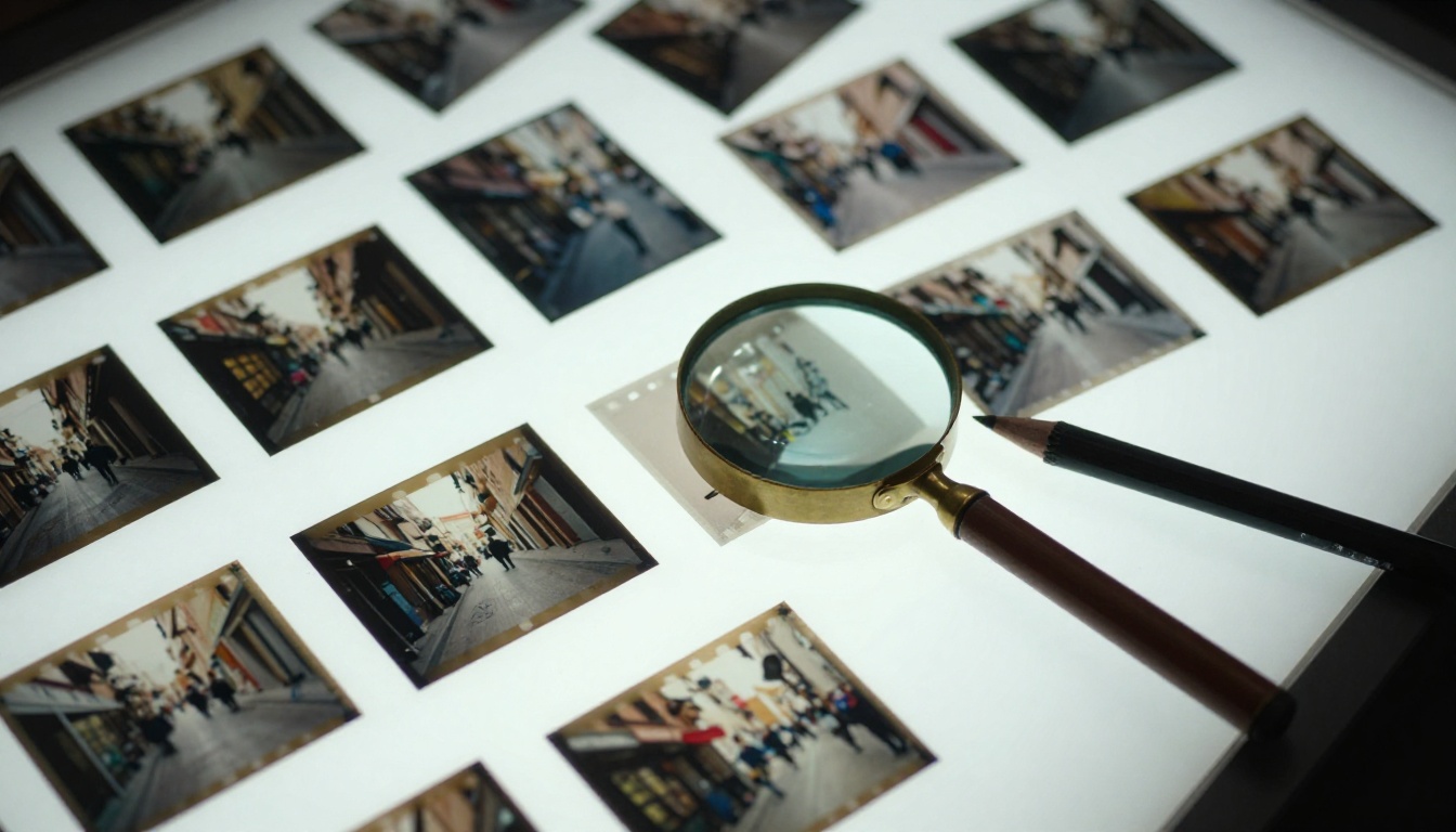 Contact sheet of small frames on a light table with a loupe
