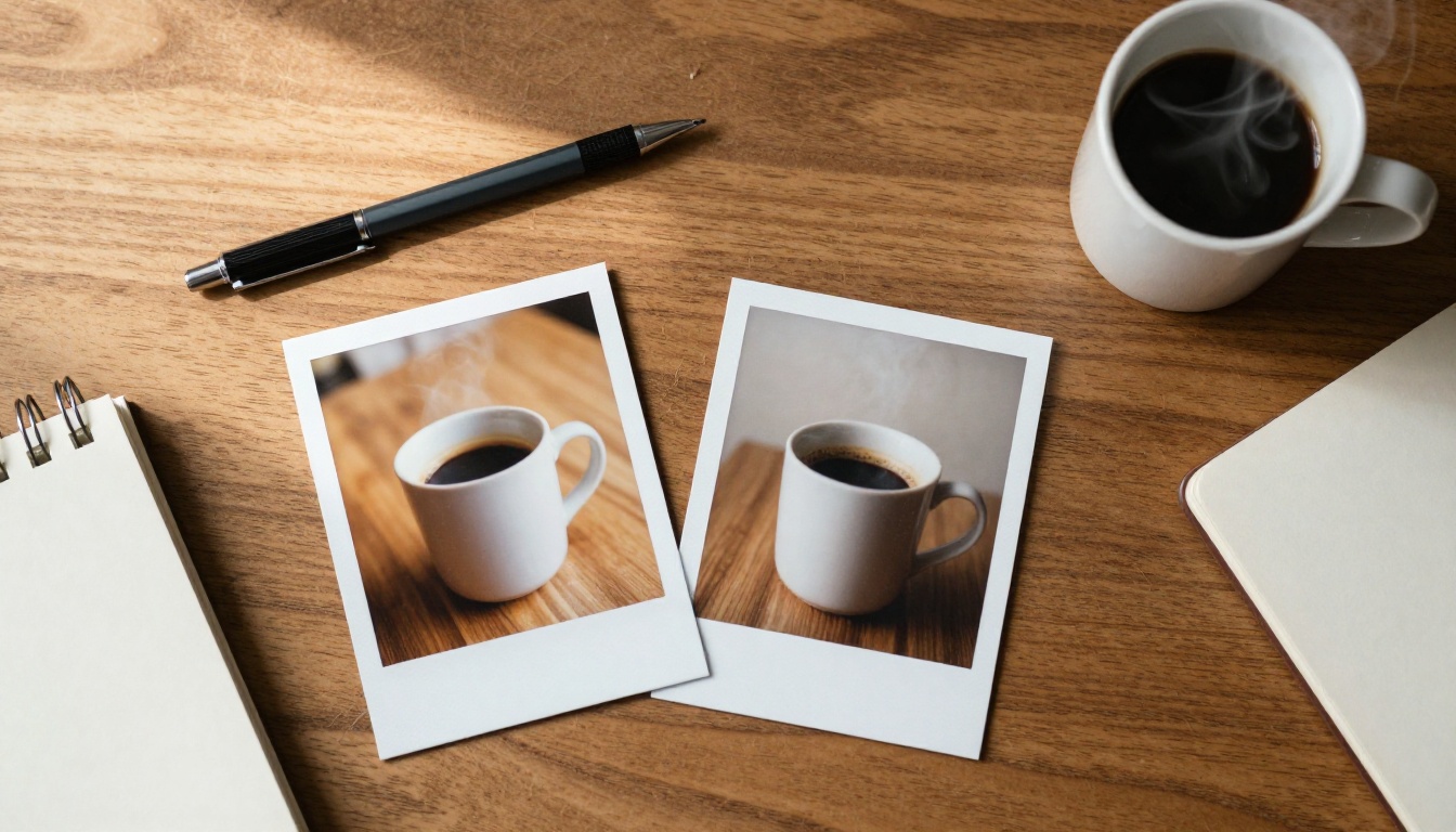 Two nearly identical photo prints compared side by side on an oak desk