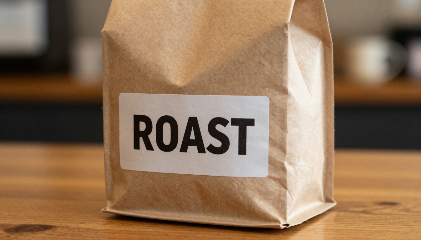 A kraft paper coffee bag with a crisp printed label on a wooden counter
