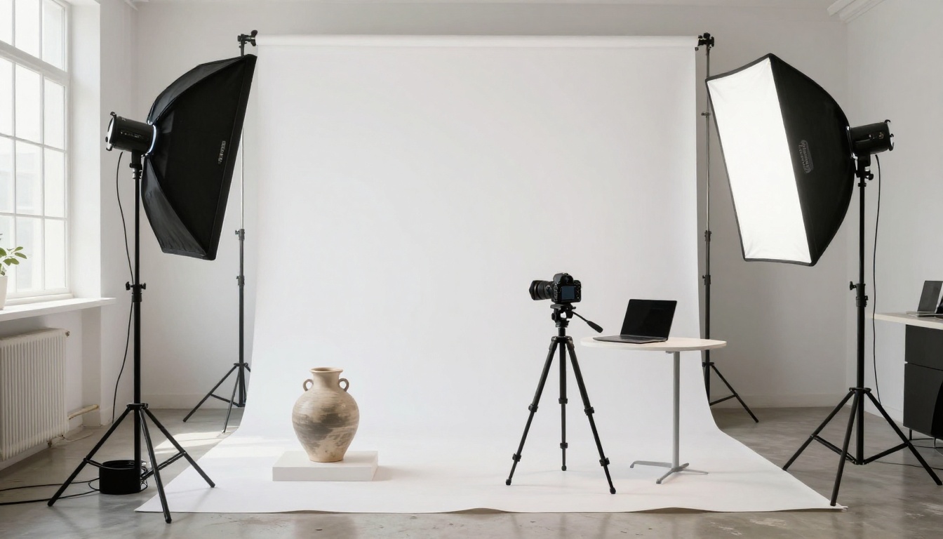A small product photography studio with a white seamless backdrop and softbox lights