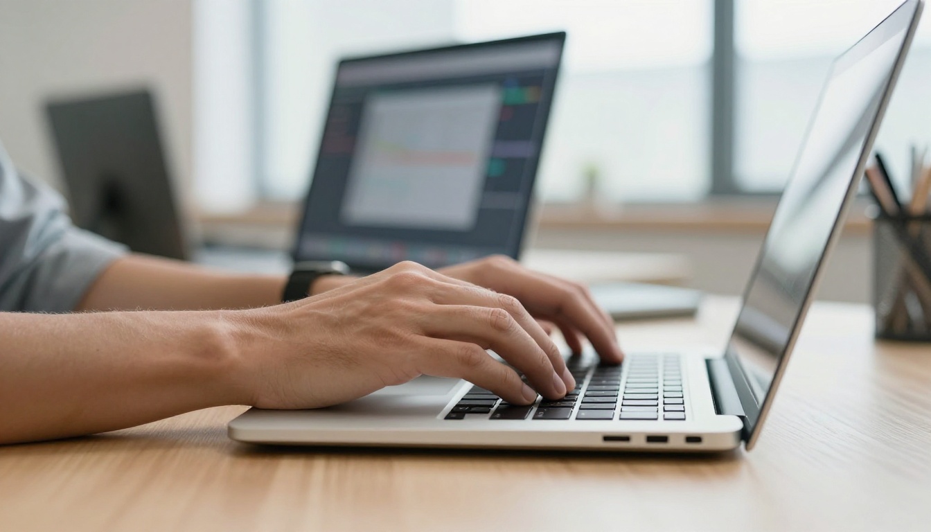 Developer hands on a silver laptop in a bright coworking space