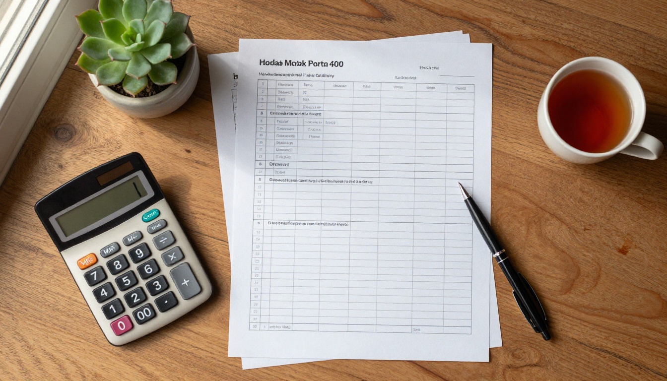Overhead desk with a printed statement, calculator and cup of tea