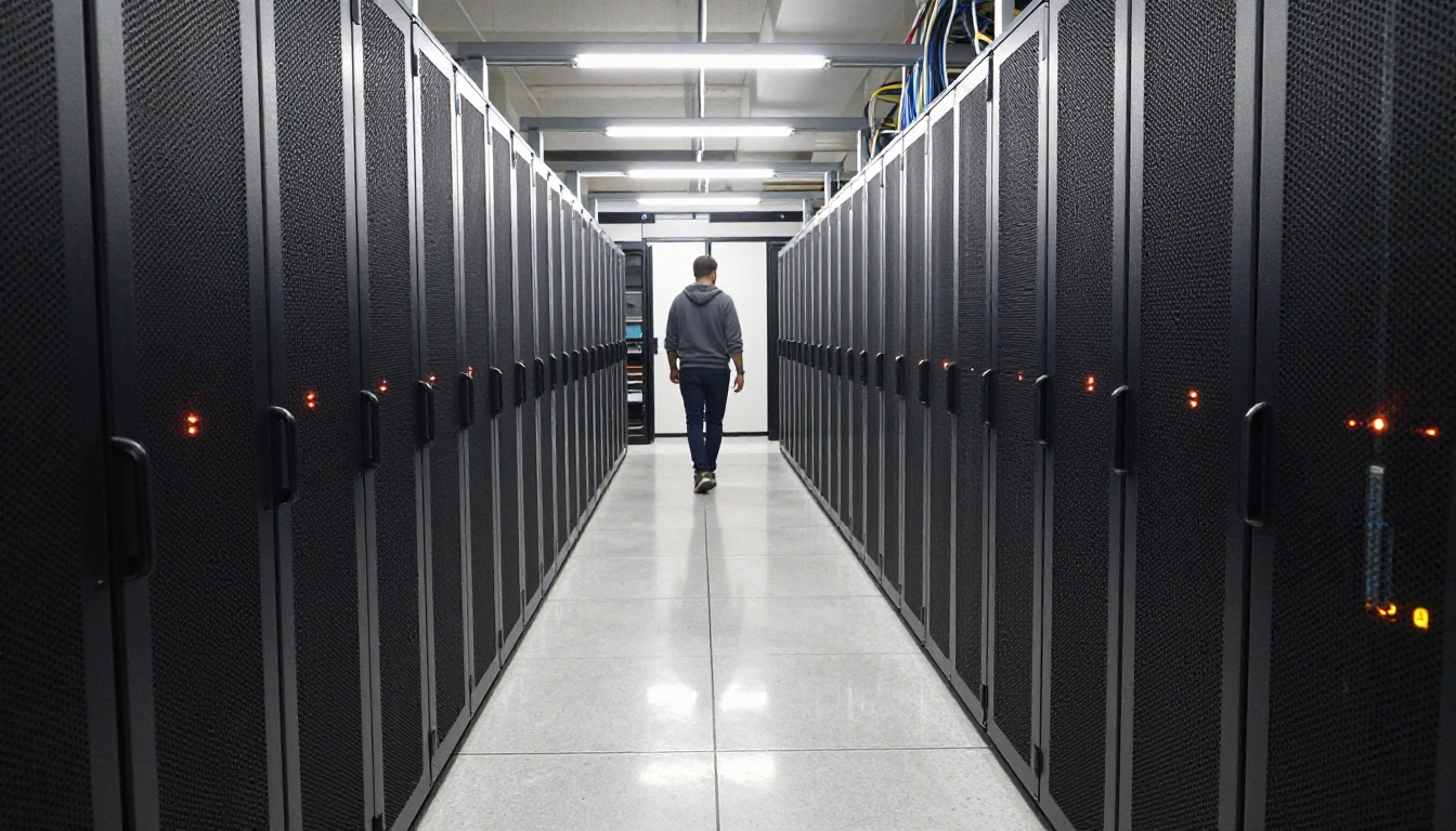 Rows of server racks along a clean data center aisle