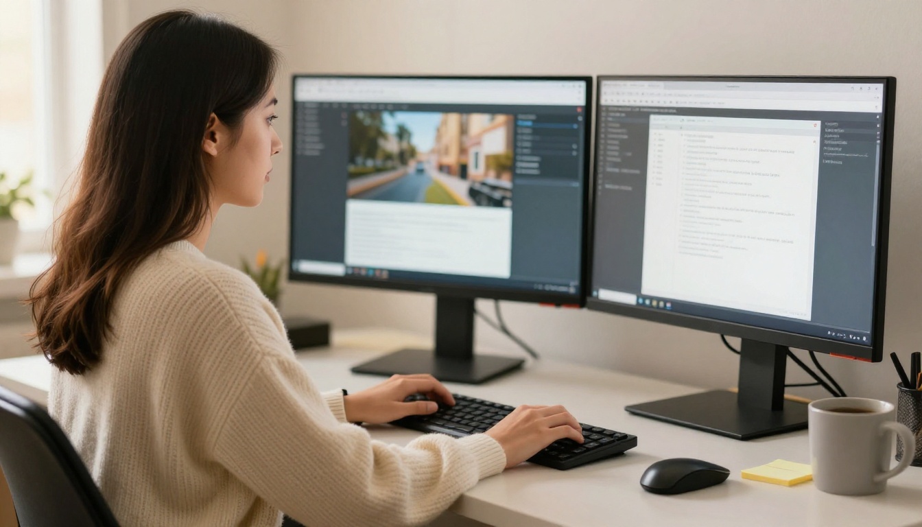 Cloud engineer at a standing desk with two monitors