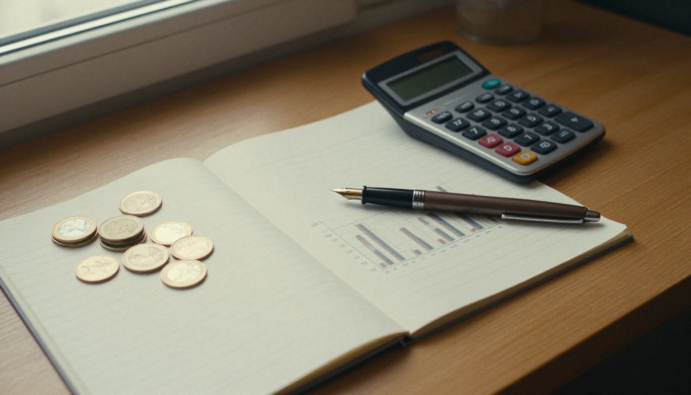 A desk with a calculator, a printed bar chart and a stack of coins