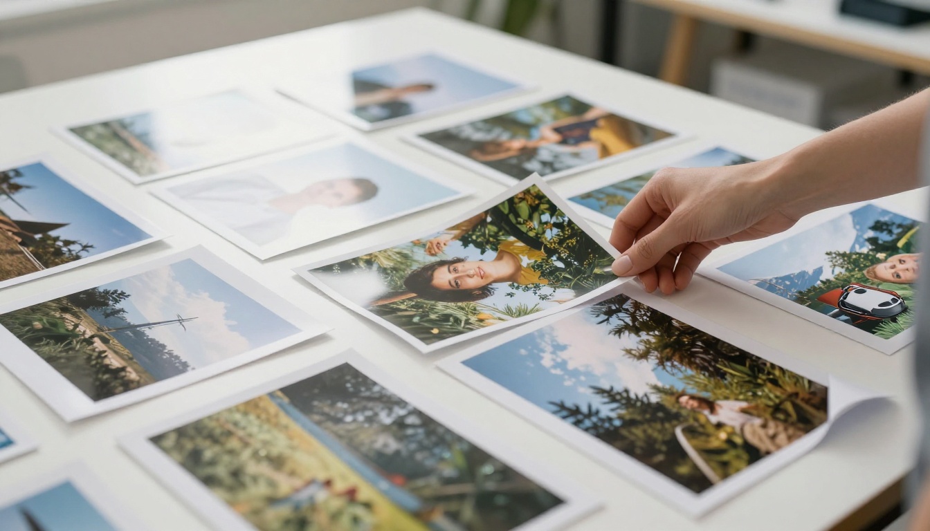Printed photographs arranged in a grid on a design studio table