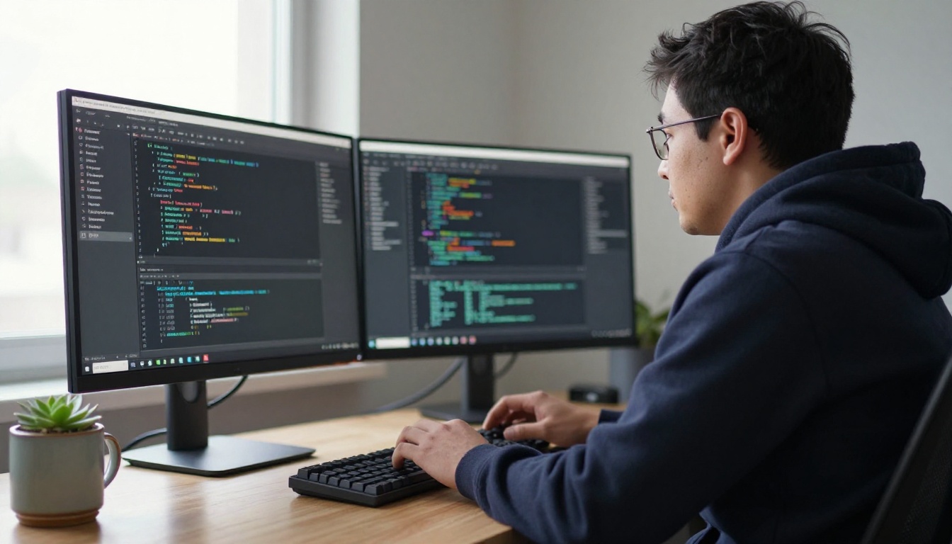A developer at a standing desk with two monitors showing a code editor
