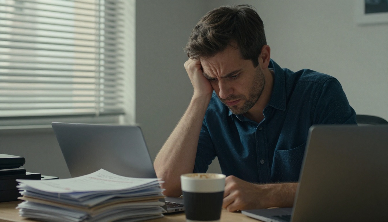 Man frowning at a laptop beside a stack of paper receipts