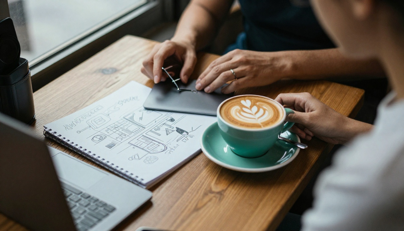 A woman's hands on a laptop at a sunlit cafe table beside a sketch notebook