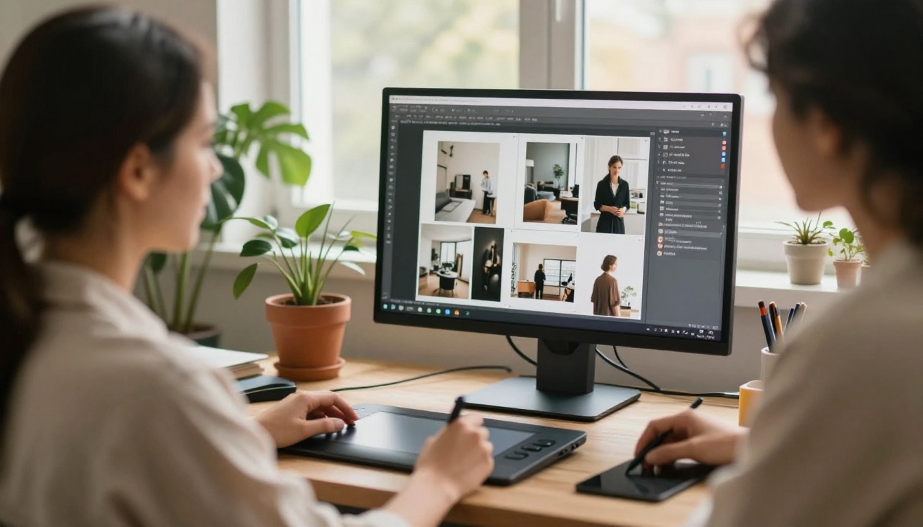 Designer choosing an image from a gallery on a large monitor