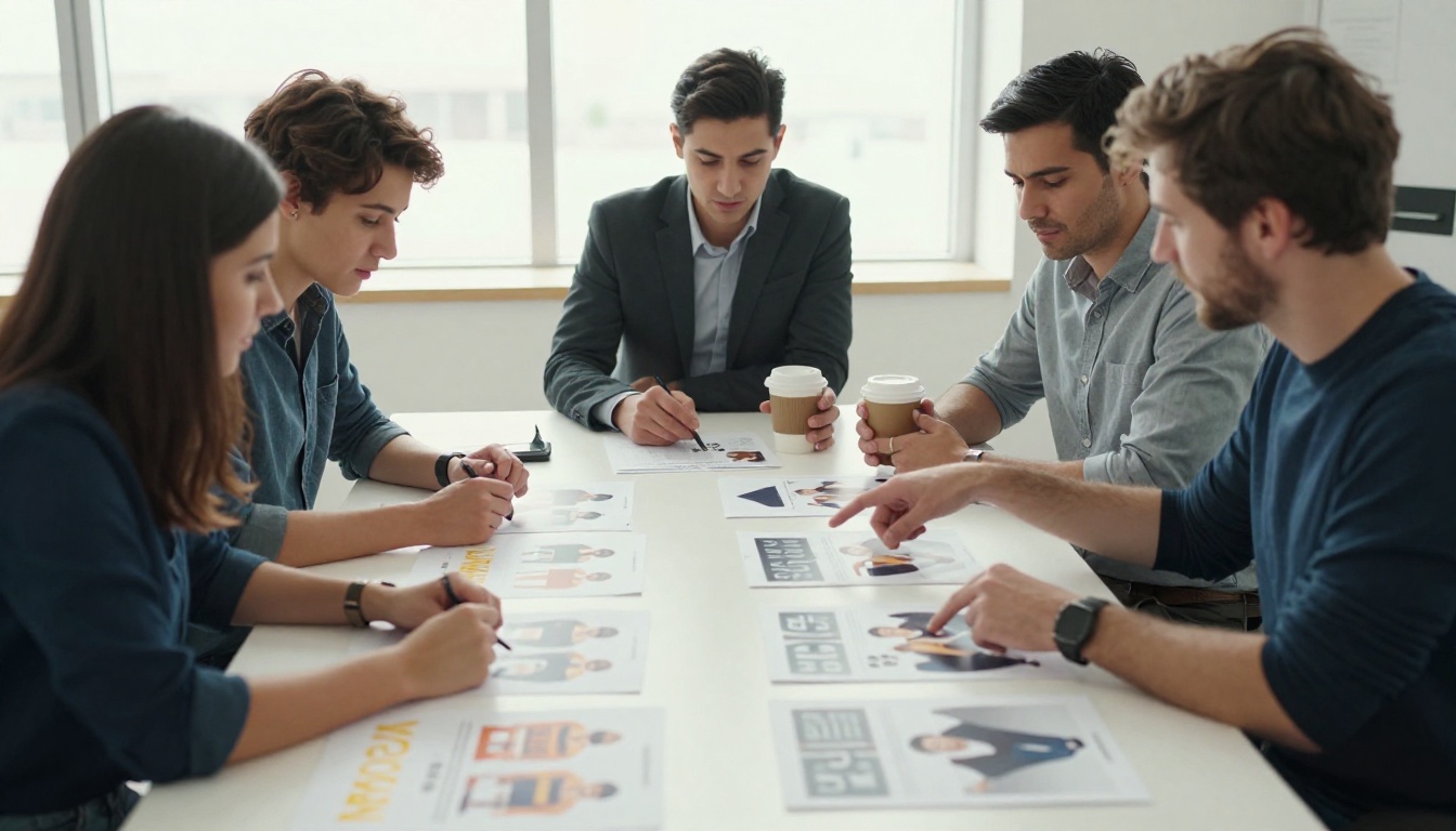 Three marketers reviewing rows of printed ad variations on a long table