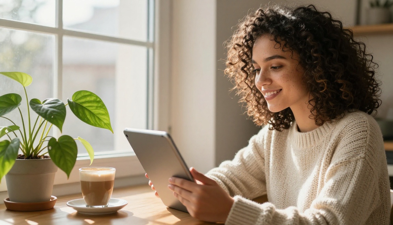 Woman smiling at a tablet by a sunlit window