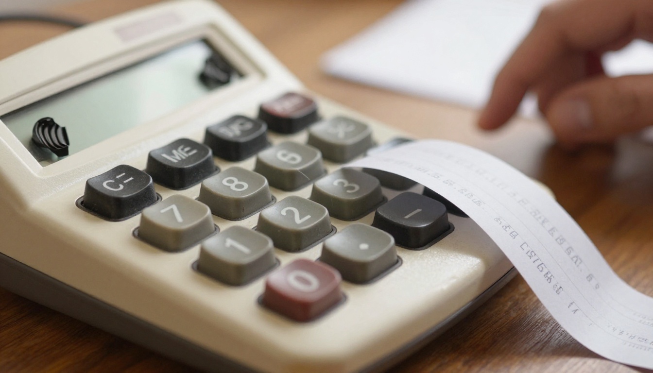 Low-angle close-up of a cream desktop calculator and a paper receipt on a walnut desk while a developer tallies image costs