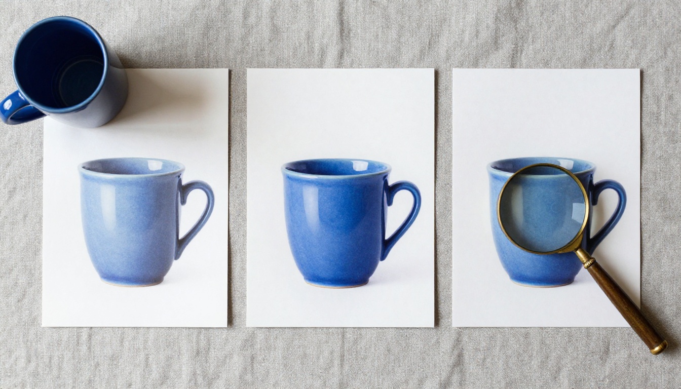 Overhead flat lay of three glossy prints of a blue ceramic mug in rising sharpness with a brass loupe on the sharpest one