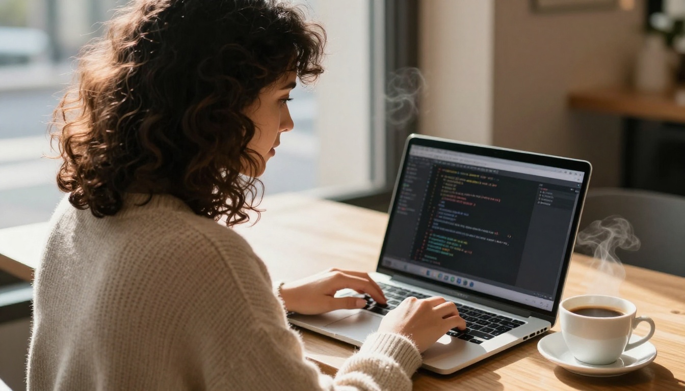 Over-the-shoulder shot of a woman typing Python on a silver laptop in a sunlit café
