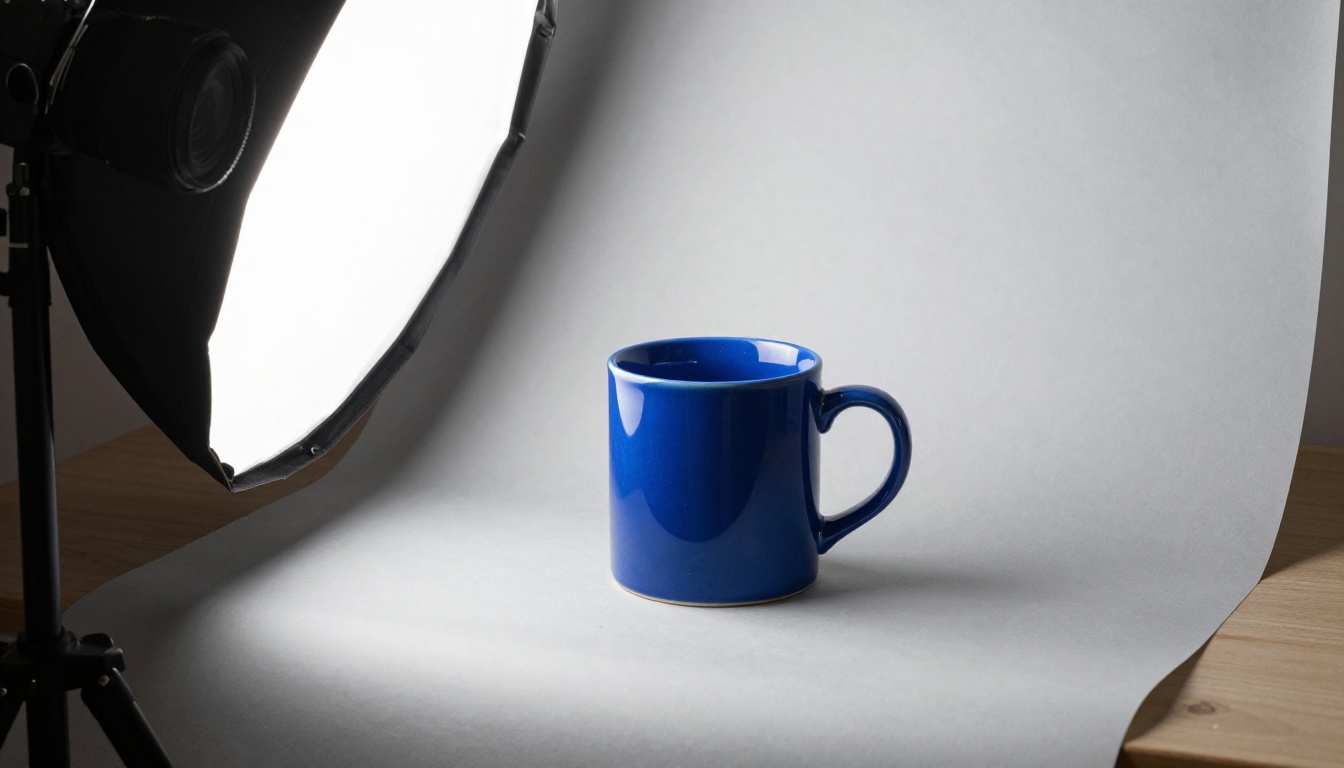 Product photography setup with a cobalt-blue ceramic mug on a gray backdrop lit by a softbox and a tripod-mounted camera