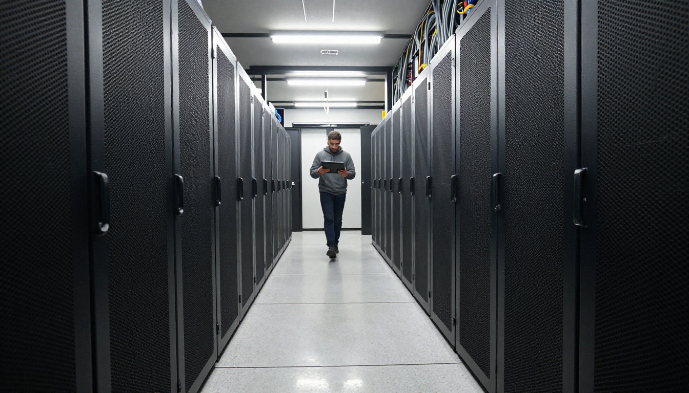 Wide view down a quiet data center aisle with tall server racks and a lone technician in the distance