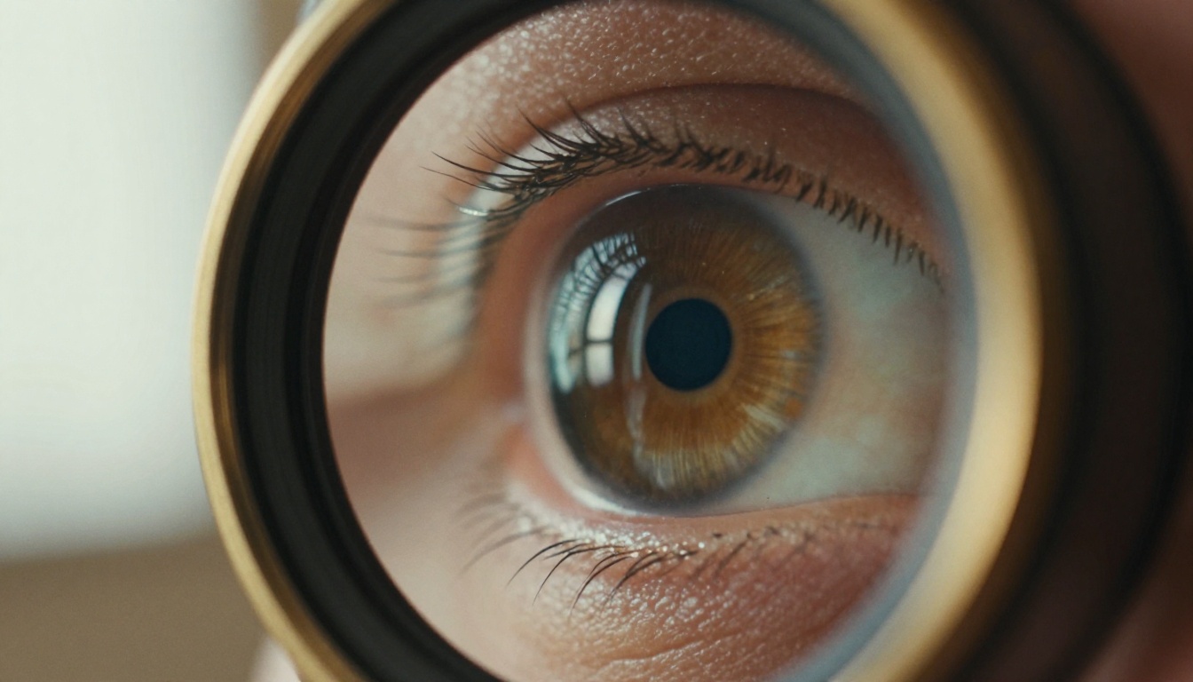 Extreme macro of a photographer's eye pressed to a brass loupe over a printed photograph in warm window light