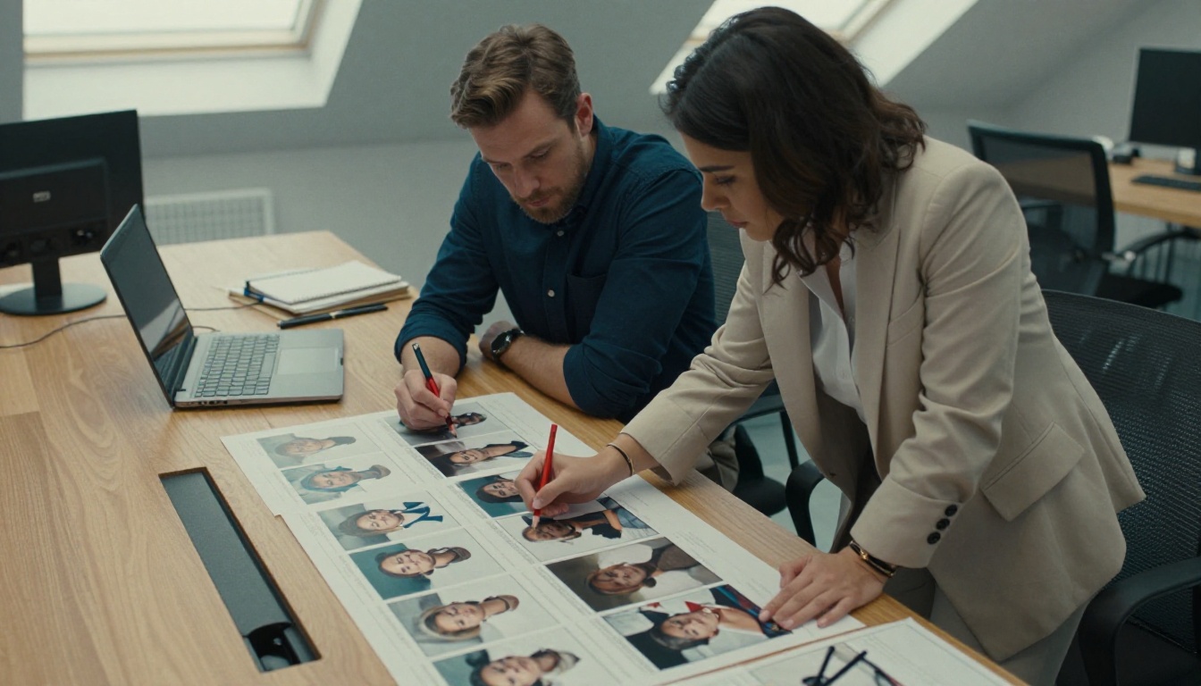 Two marketers leaning over a table of printed contact sheets, one circling a frame with a red pencil