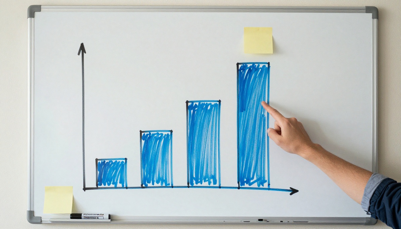 Whiteboard with a hand-drawn bar chart of three rising blue bars and an arm pointing at the tallest one