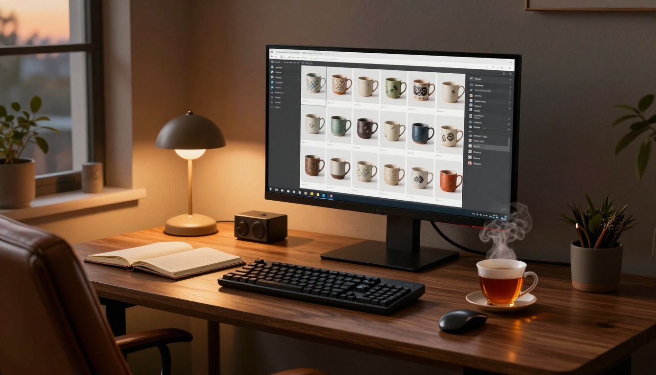 Side view of a home office at dusk with a large monitor showing a grid of twelve product photographs of ceramic mugs