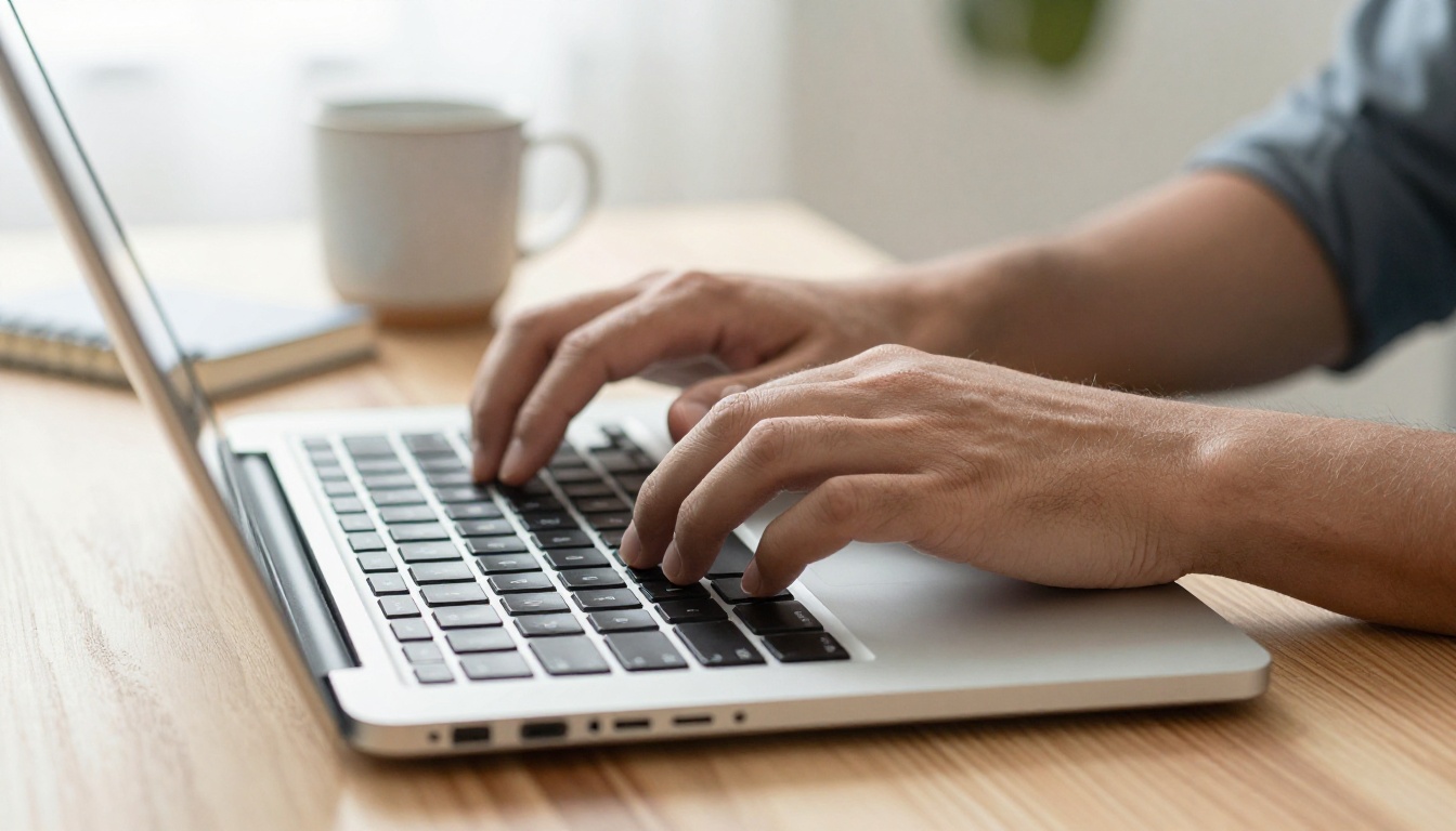 Developer's hands typing on a laptop at an oak desk in soft morning light