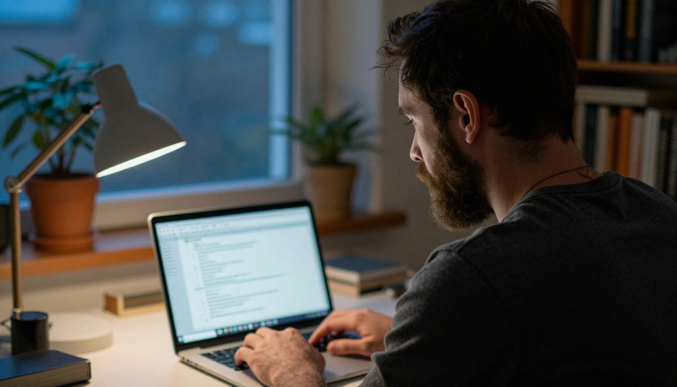 Developer reviewing a first Python script on a laptop at dusk