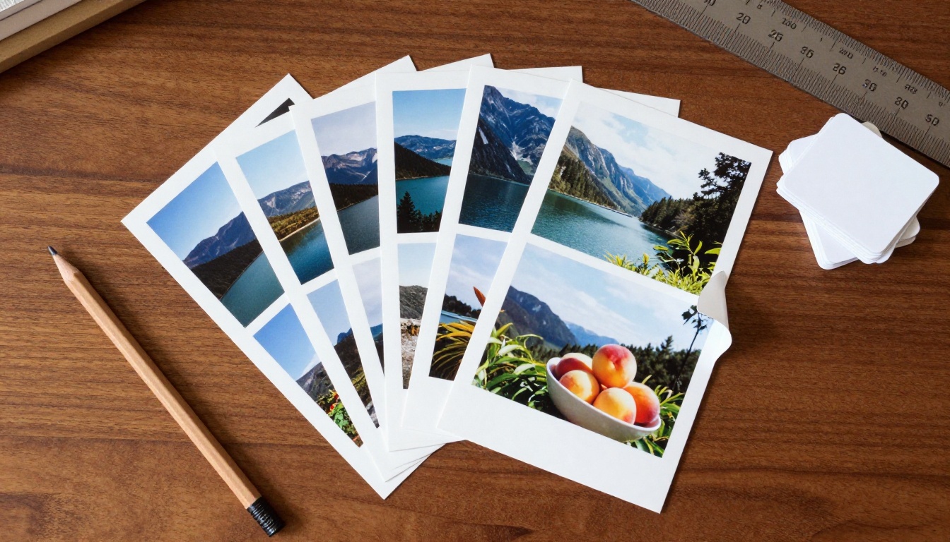Printed photographs fanned across a walnut desk