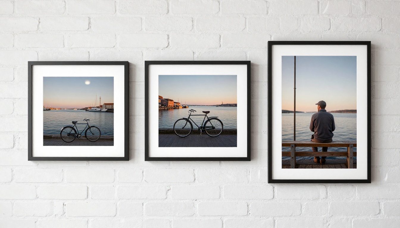 Three framed prints in square, landscape and portrait formats on a brick wall