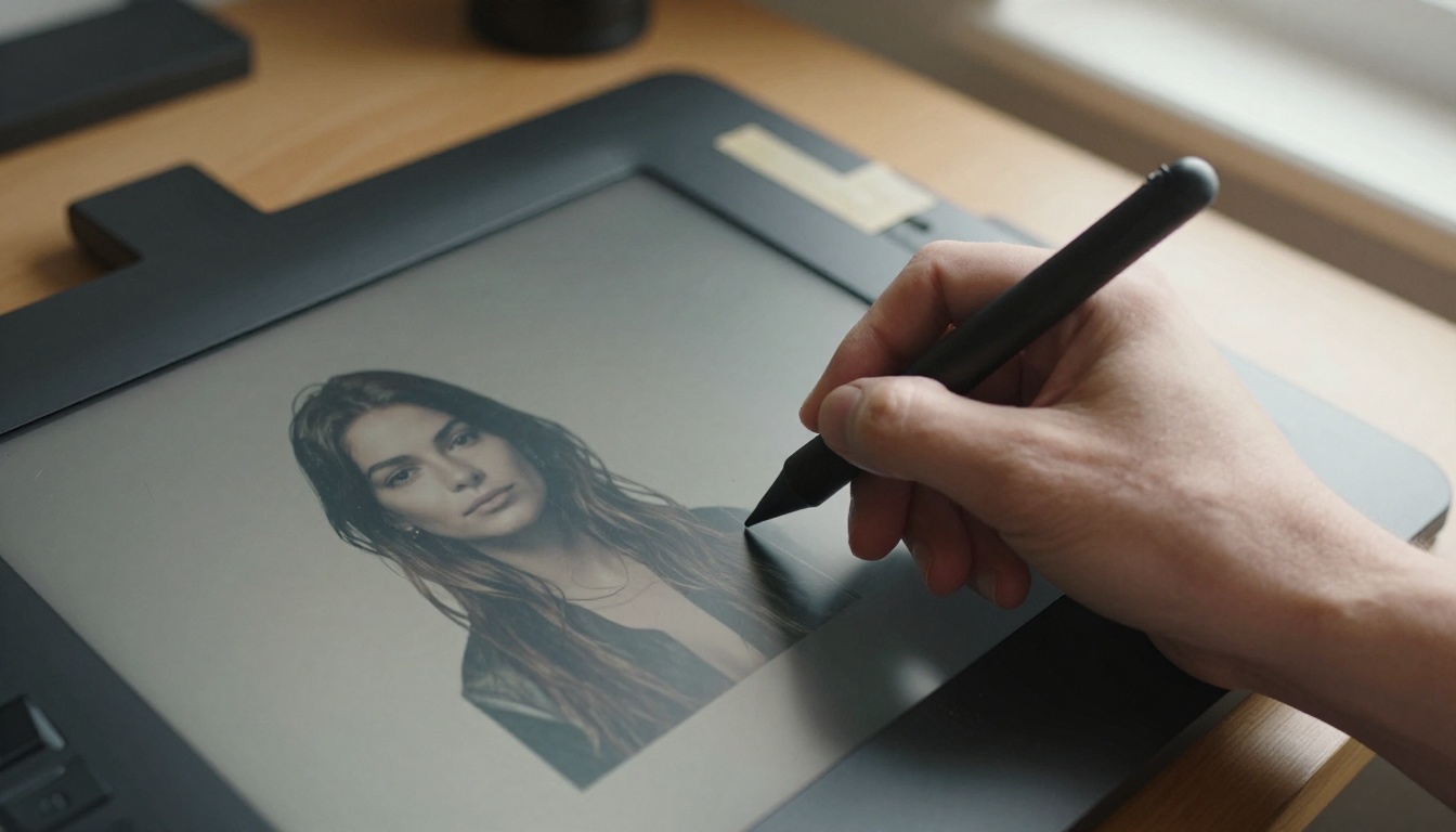 Retoucher's hand with a stylus over a graphics tablet beside a printed portrait