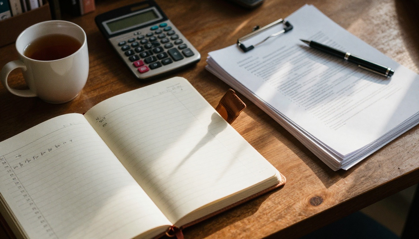 Notebook, calculator and printed proofs on a freelancer's desk
