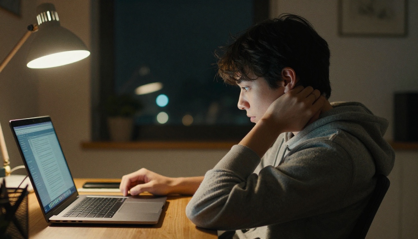 Developer rubbing their neck while reading an error on a laptop at night