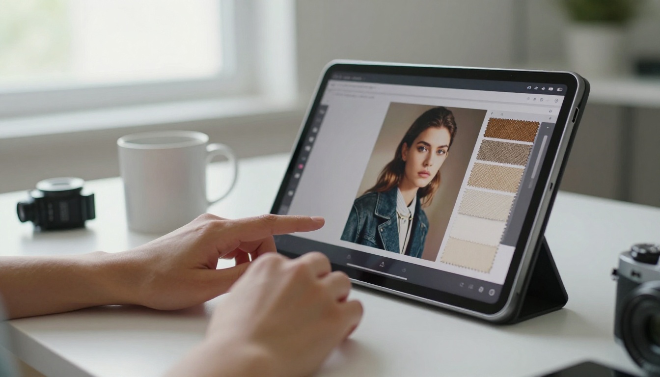Designer swiping through a portrait photograph on a tablet in a bright studio