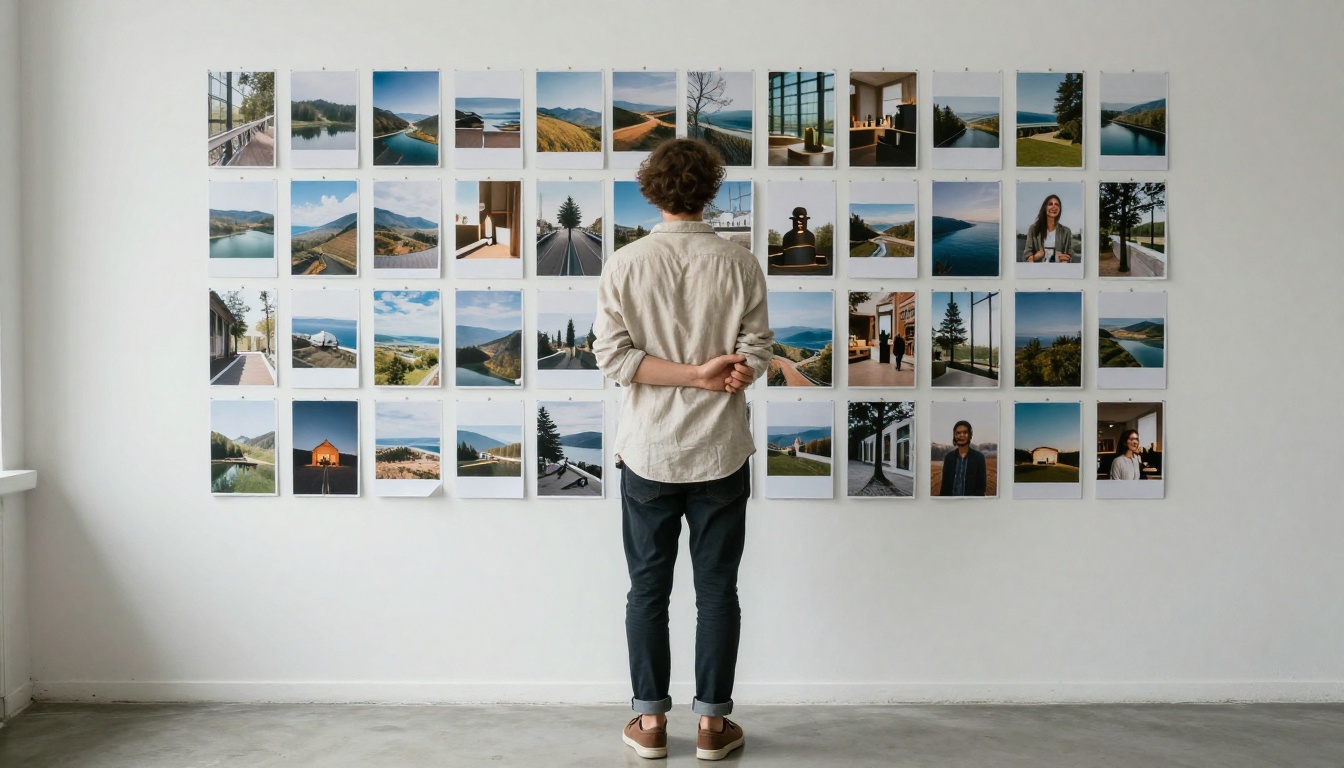 Creative professional facing a studio wall of printed photographs